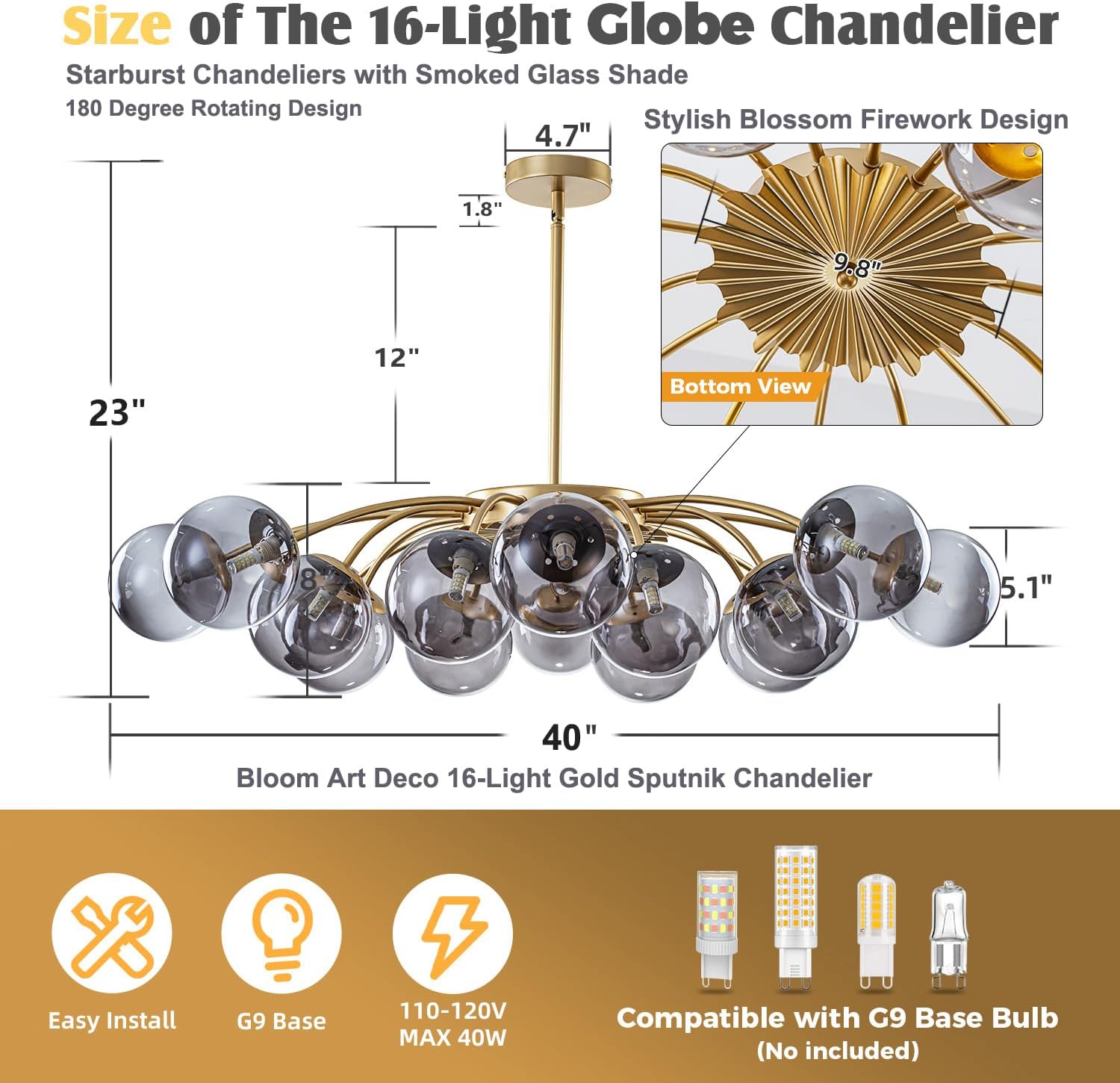 Smoked Glass Bubble Sputnik Chandelier Gold 16-Light Mid Century Glass Globe Chandeliers with Blossom Accent Pendant Light Fixture for Dining Room Entry