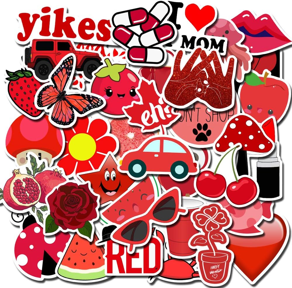 Cute Stickers Pack 50pcs,Laptop and Water Bottles Red Color Stickers, Decals for Laptop, Luggage, Car, Skateboard, Motorcycle, Bicycle,Hydro Flask …