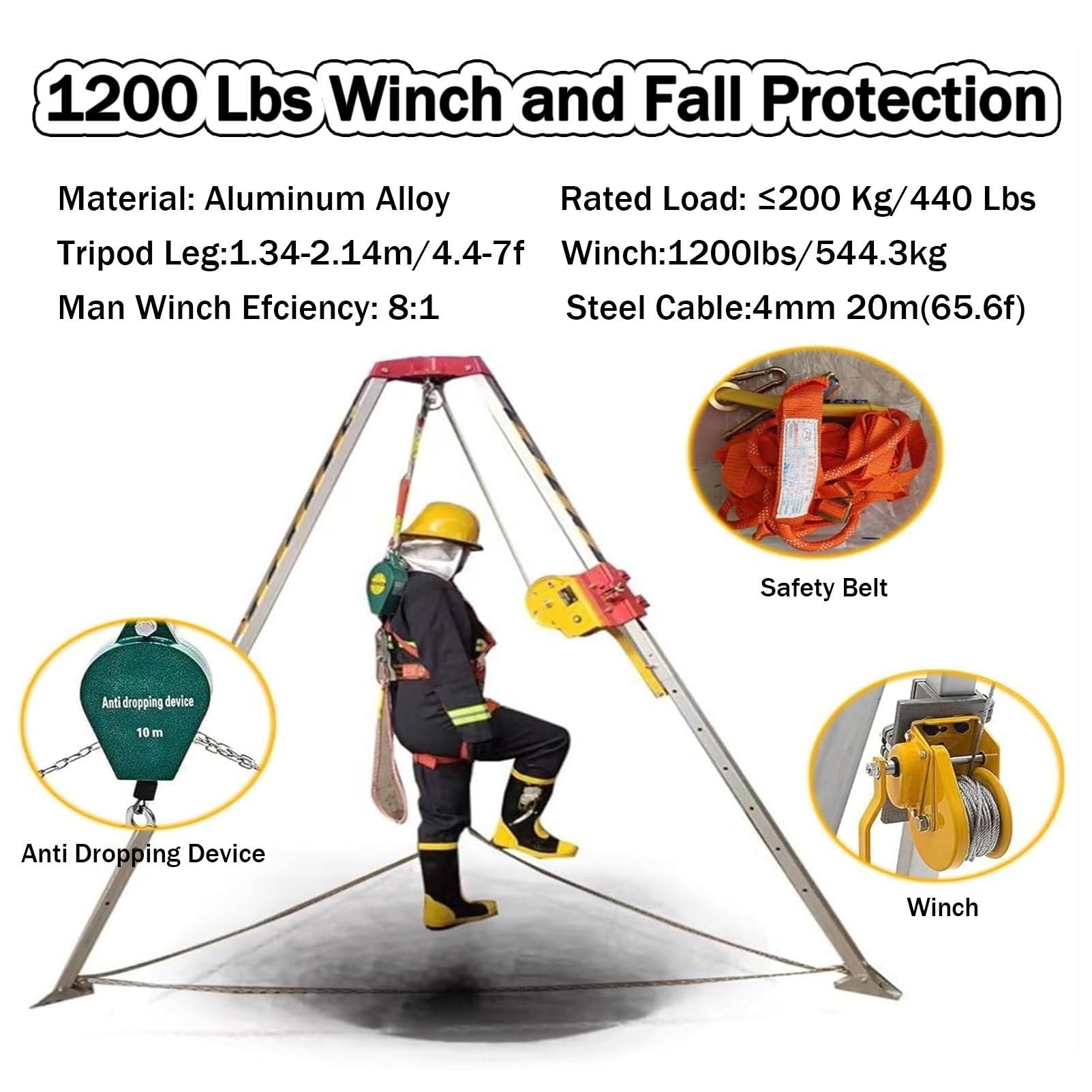 RayGenius Kit De TríPode De Espacio Confinado De TríPode De Rescate De Alta Resistencia con Cabrestante Y ArnéS De Seguridad.,2600LBSWinch