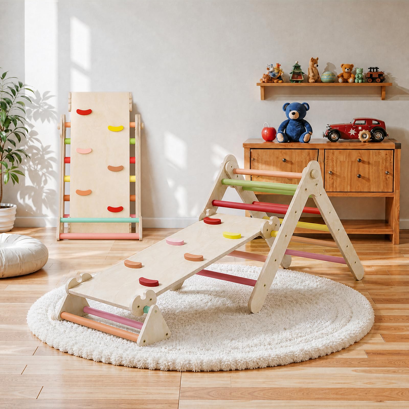 COSYLAND Triangolo da Arrampicata Montessori con Arco e rampa, Set Pieghevole per Bambini, Giocattolo in Legno Resistente per Interni, Bambini da 18 Mesi a 6 Anni