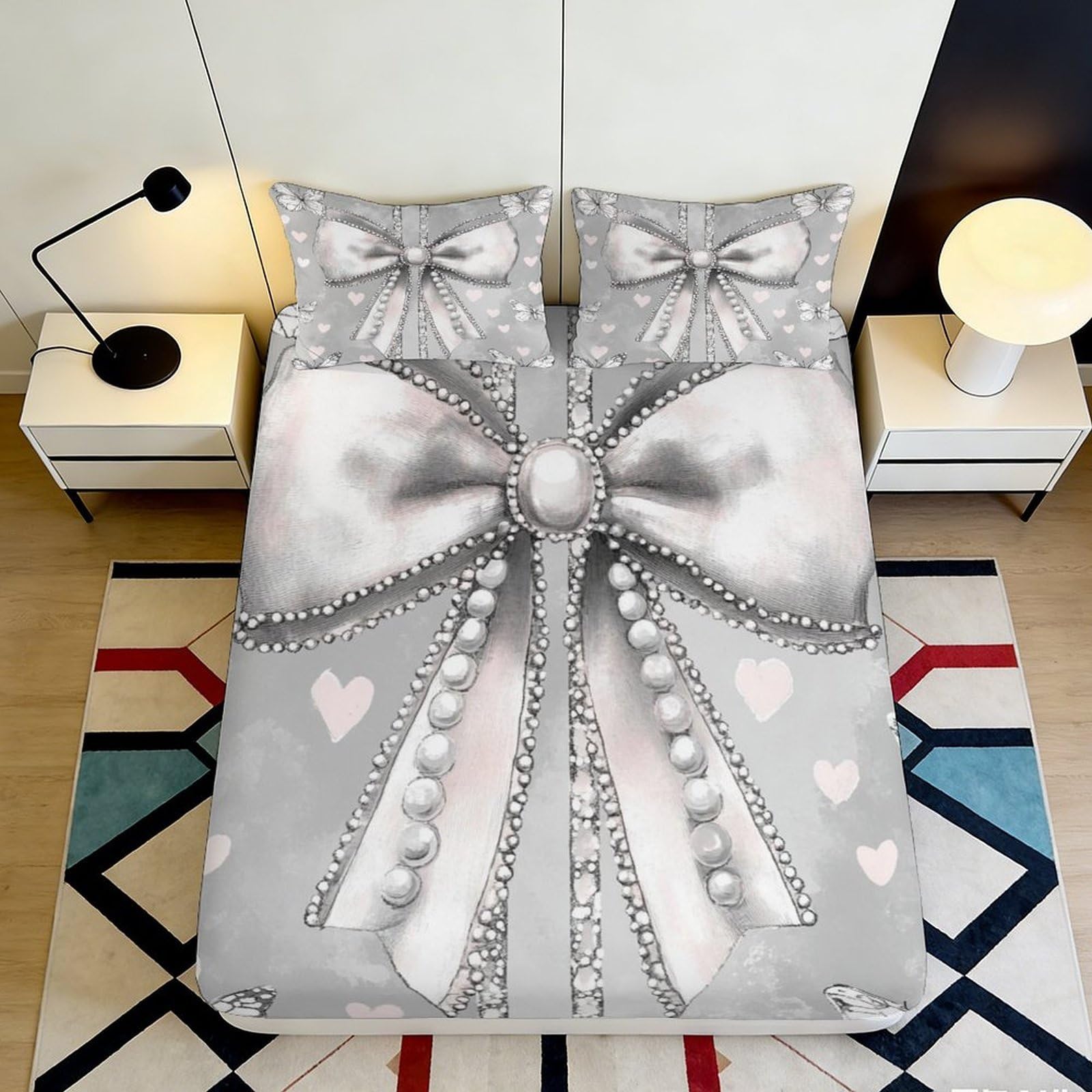 Pnayamiorkfel Style-9 3D Printed Pearl Bow Fitted Sheet Microfiber Soft Grey Ribbon Heart Bed Cover For Bedroom Guest Room Decor 90X200x25cm