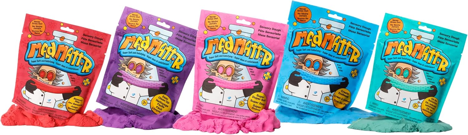 Mad Mattr is the Addictive, Super-Soft, and Satisfying Dough-Like Material that Shapes and molds Easily and Never Dries Out (1-10oz Pack of Each Color in Red, Blue, Teal, Purple, and Pink)