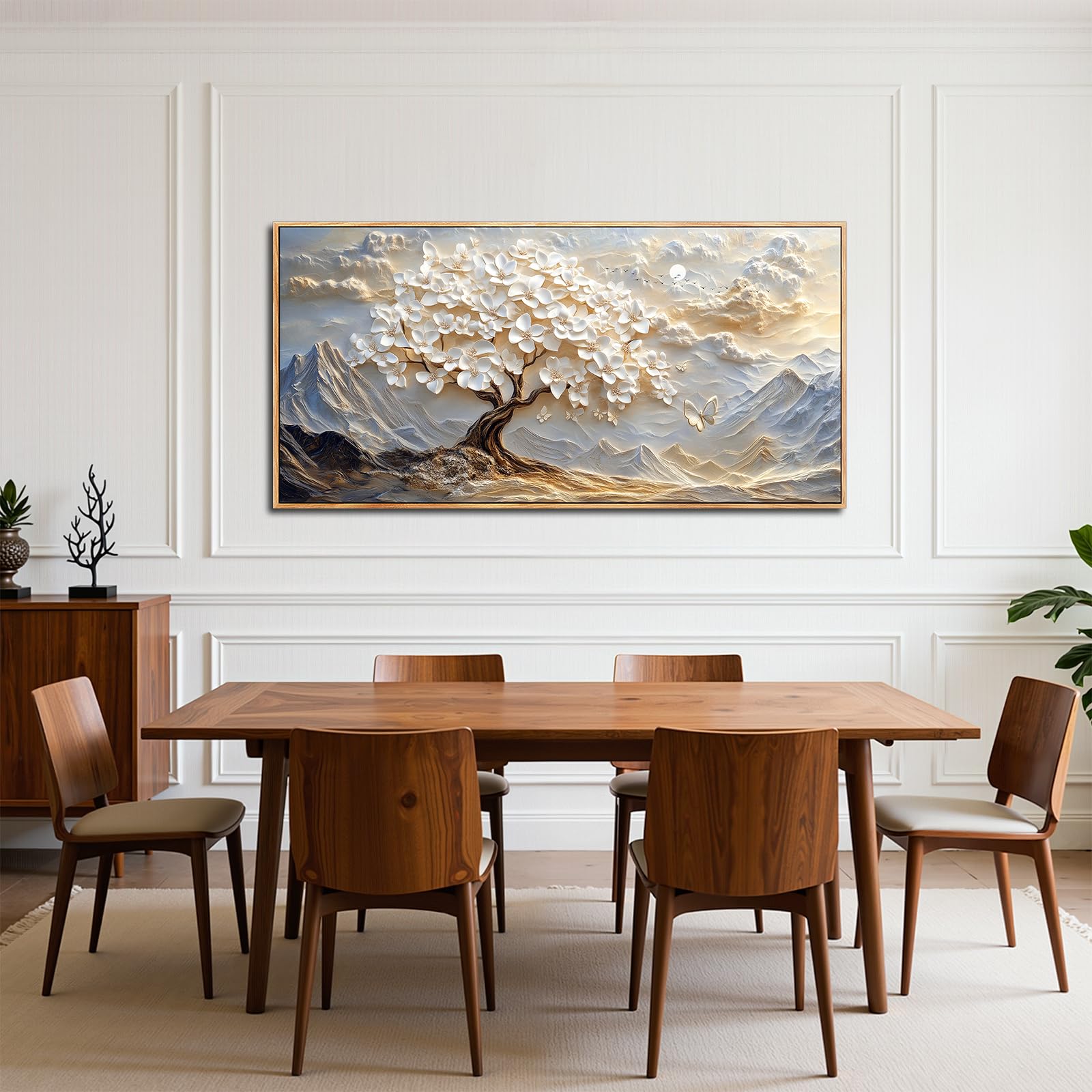 SERIMINO Wandbilder Wohnzimmer Groß, Weiß Baum des Lebens Leinwand Bilder mit Rahmen, Aesthetic Botanische GemäLde, Modern Berge Wanddekoration für Lobby Flur Schlafzimmer Esszimmer Büro 73x146 cm