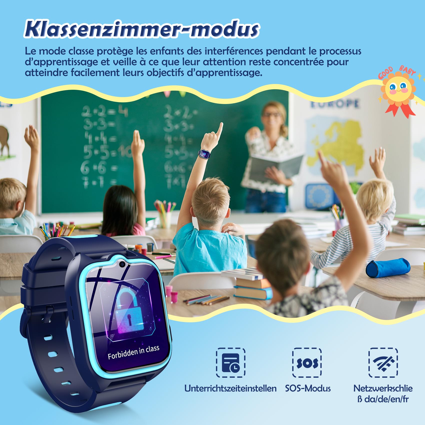 4G Montre Connectée Enfant avec Appel Vidéo et GPS, Compatible Nano SIM, Messages Vocaux, SOS, Mode École, Lampe Torche, Podomètre, IP67, 2 Modes de Port, Android iOS, pour Garçon 4-12 Ans