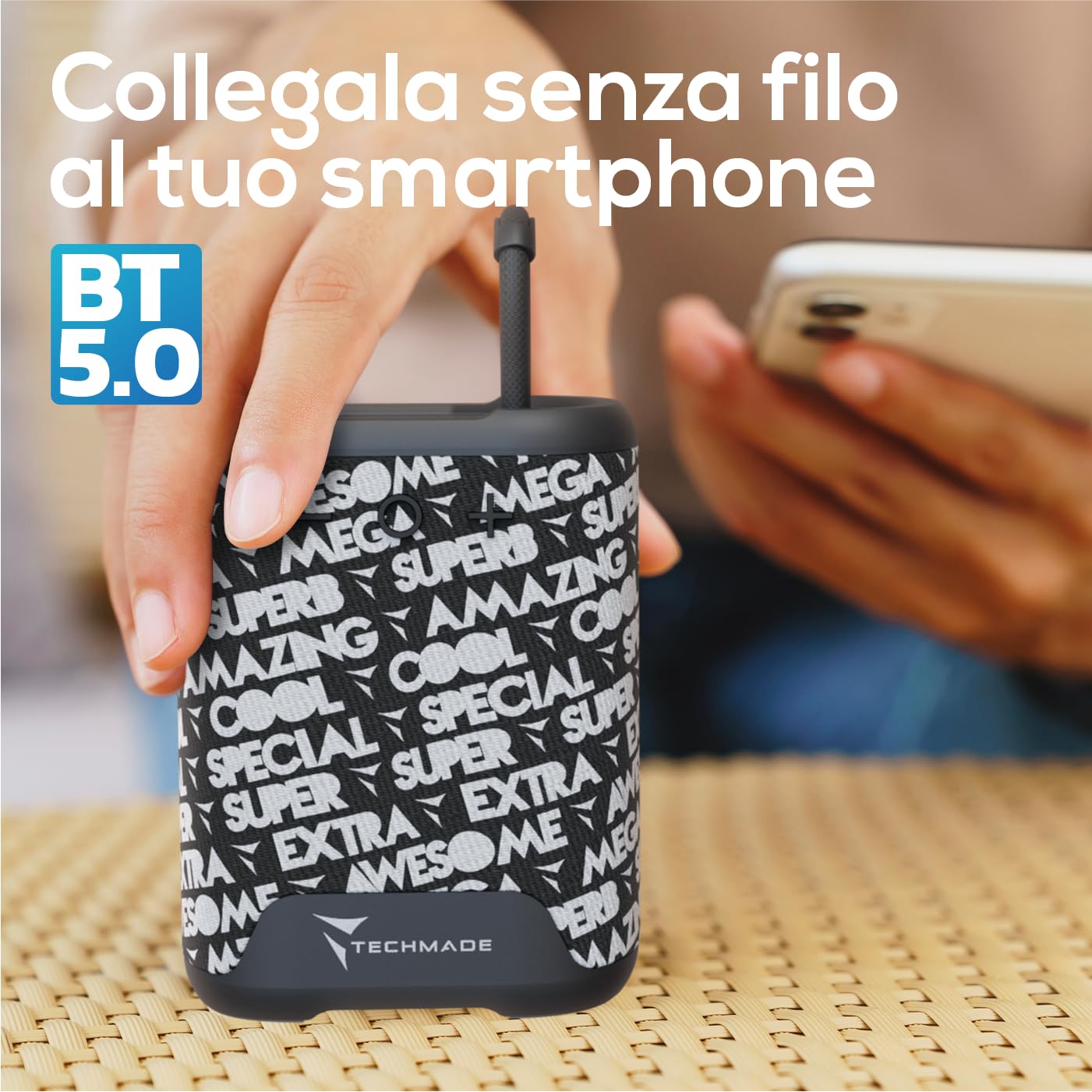 TECHMADE Speaker Bluetooth Portatile, Cassa Altoparlante Wireless con Design Compatto| Distanza operativa 10metri|Connessione senza filo e vivavoce (fantasia nero)