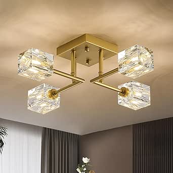 Modern Gold Sputnik Chandeliers 4-Light Crystal Semi Flush Mount Ceiling Light Fixture Industrial...