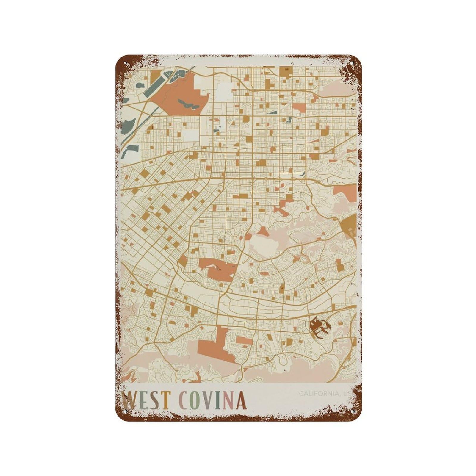 xiaoxiaoshen West Covina Map California Travel Gift Boho Office Wall Decor Art Metal Tin Poster Modern Home Decor Art Home Bar Shop Decorations Vintage Sign 30x20cm