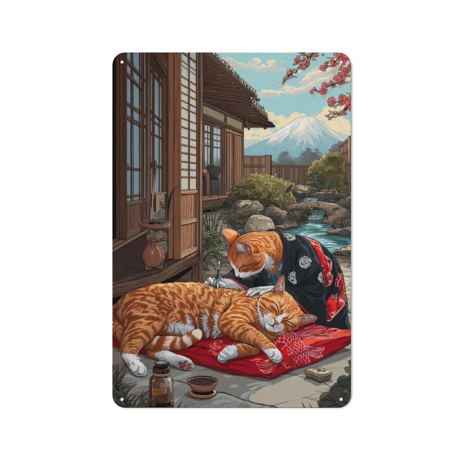 Junmoney Cherry Blossom Cats -3 Tin Wall Plaque 30X20cm With For Bar Or Restaurant, Autumn Wall Decor For Hospitality Decor Collectors