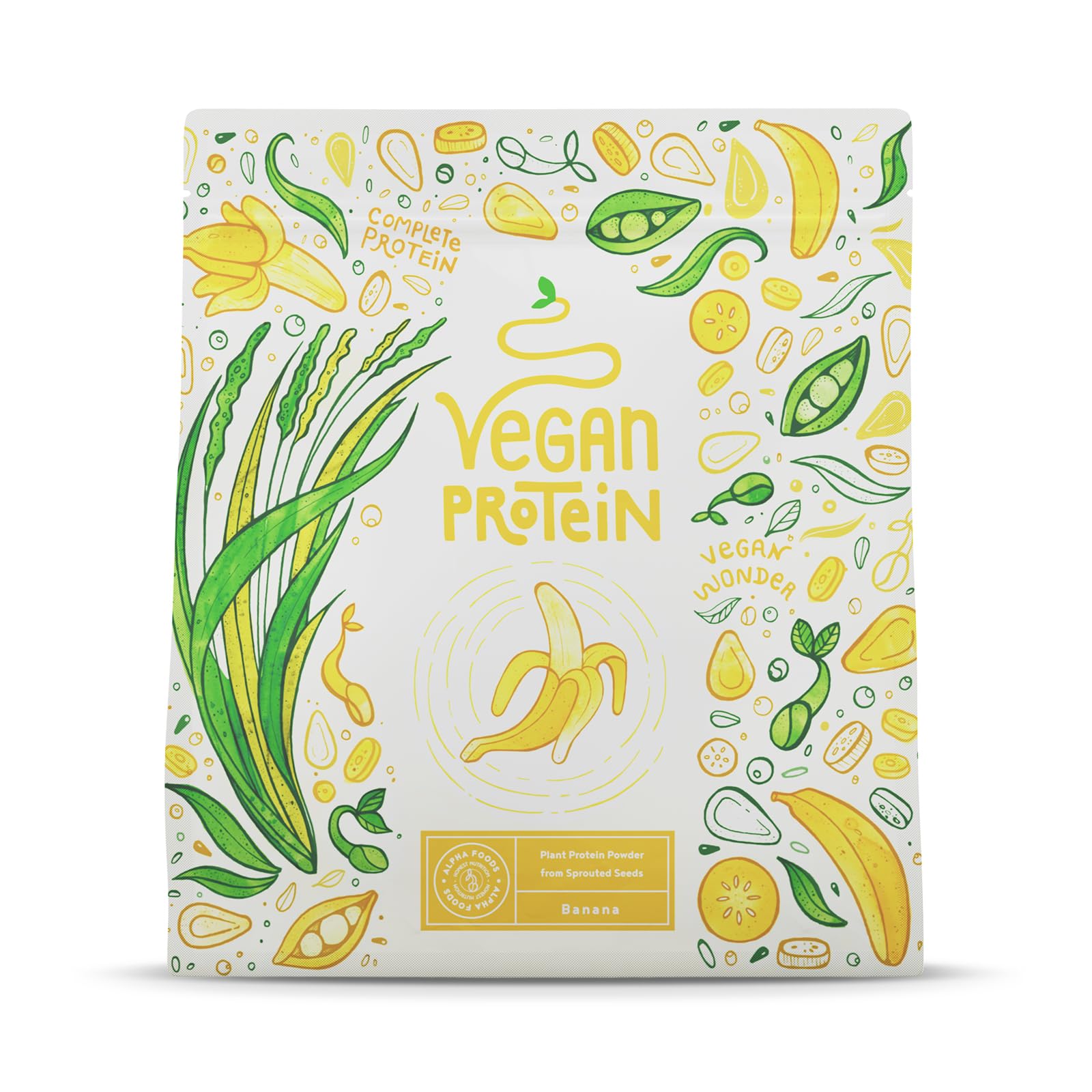 Proteine in Polvere Vegane | Gusto Banana | 23g Proteine Vegetali Isolate di Pisello, Riso, Girasole e Soia | Massa Muscolare | 600g Vegan Protein Powder | Alpha Foods
