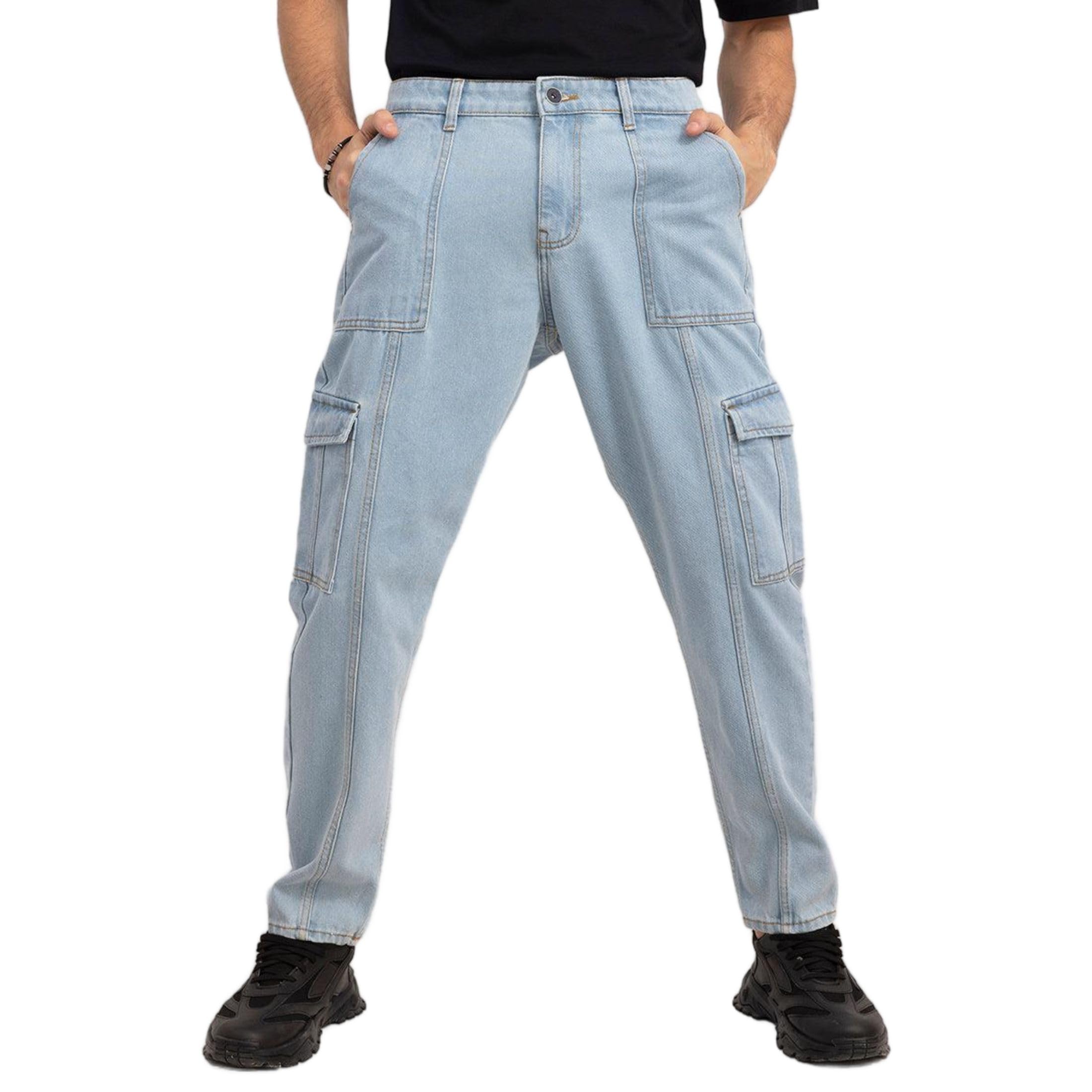 Regular-Fit Light Blue Cotton Cargo Jeans-image-45