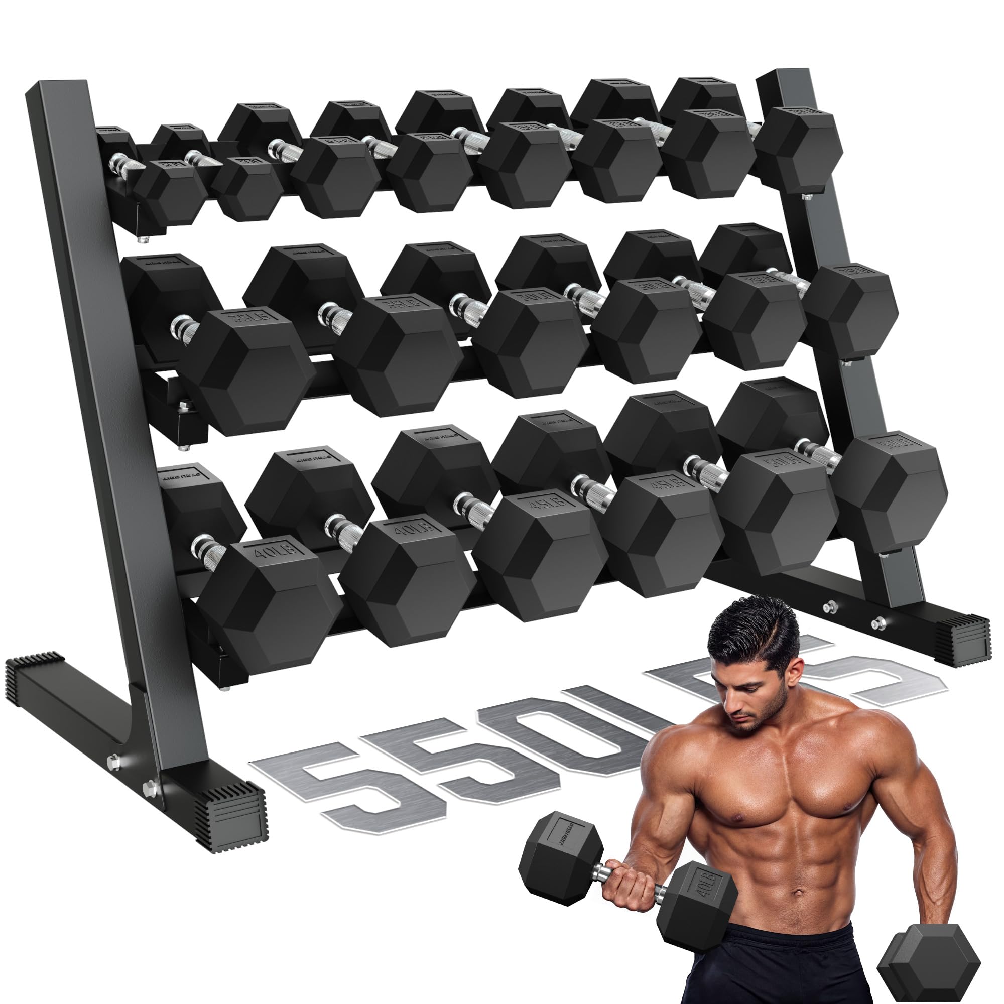 Dumbbell Sets with Rack Rubber Hex Dumbbells 160 220 280 360 450 550LBS Hand Weights with Chrome Handle