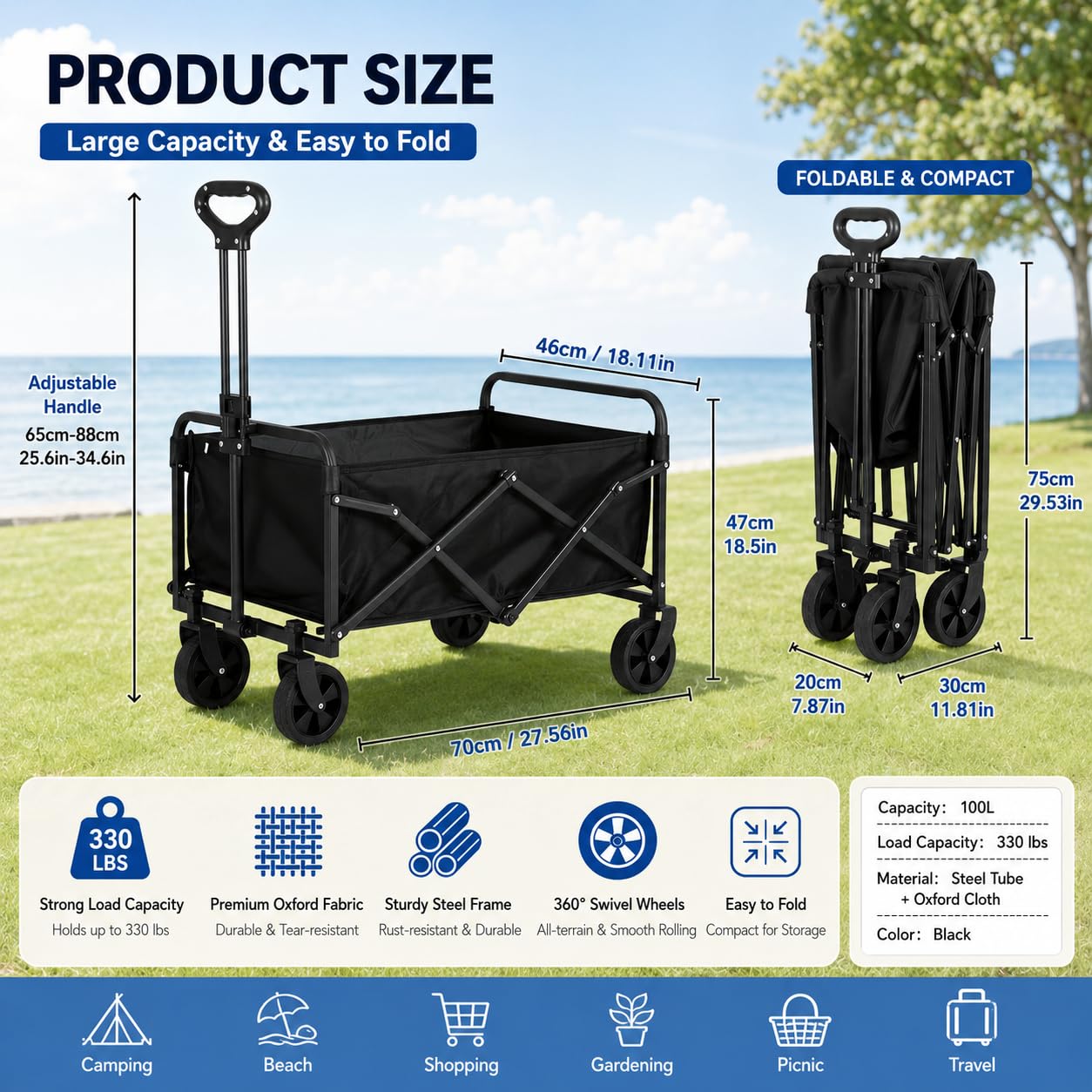 Bollerwagen Faltbar,Kleiner Handwagen Faltbar 70 x 46 x 47 cm Tragkraft 150KG,Bollerwagen mit Verstellbarem Griff für Camping Outdoor Garten Shopping
