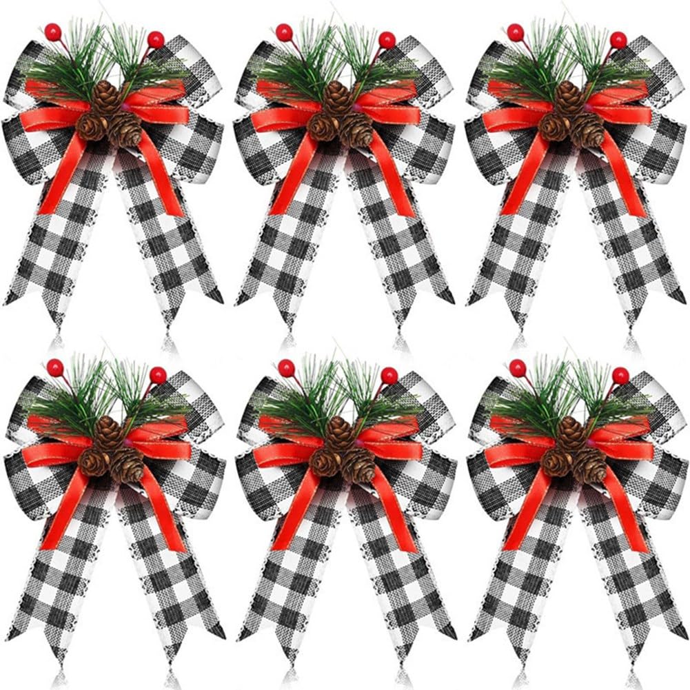 CTRLZS 12PCS Christmas Black White Bow with Pine Cones Pine Needles Xmas Checkered Ribbon Bow Christmas Tree Decoration Bows