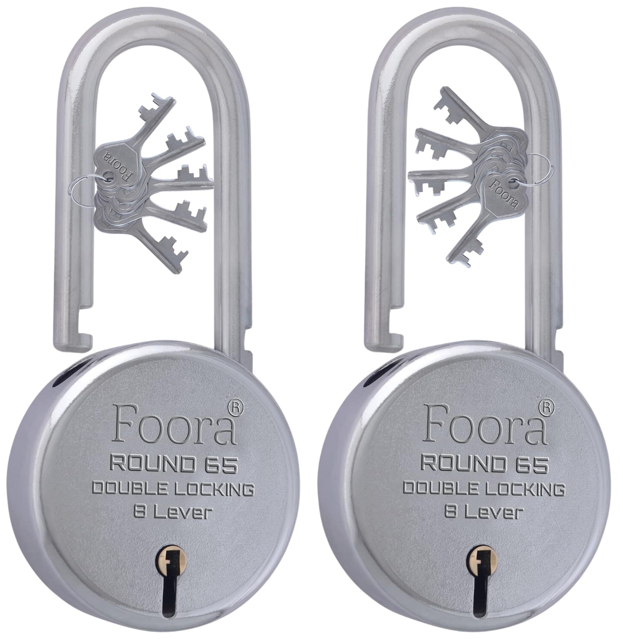 Foora New Round 65mm Lock | Long Shackle | Metal Body | Double Locking | 8 Steel Lever | 5 Silver Keys with Keychain | Silver Finsih | Pack of 2 | Made in India | Export in USA | Canada