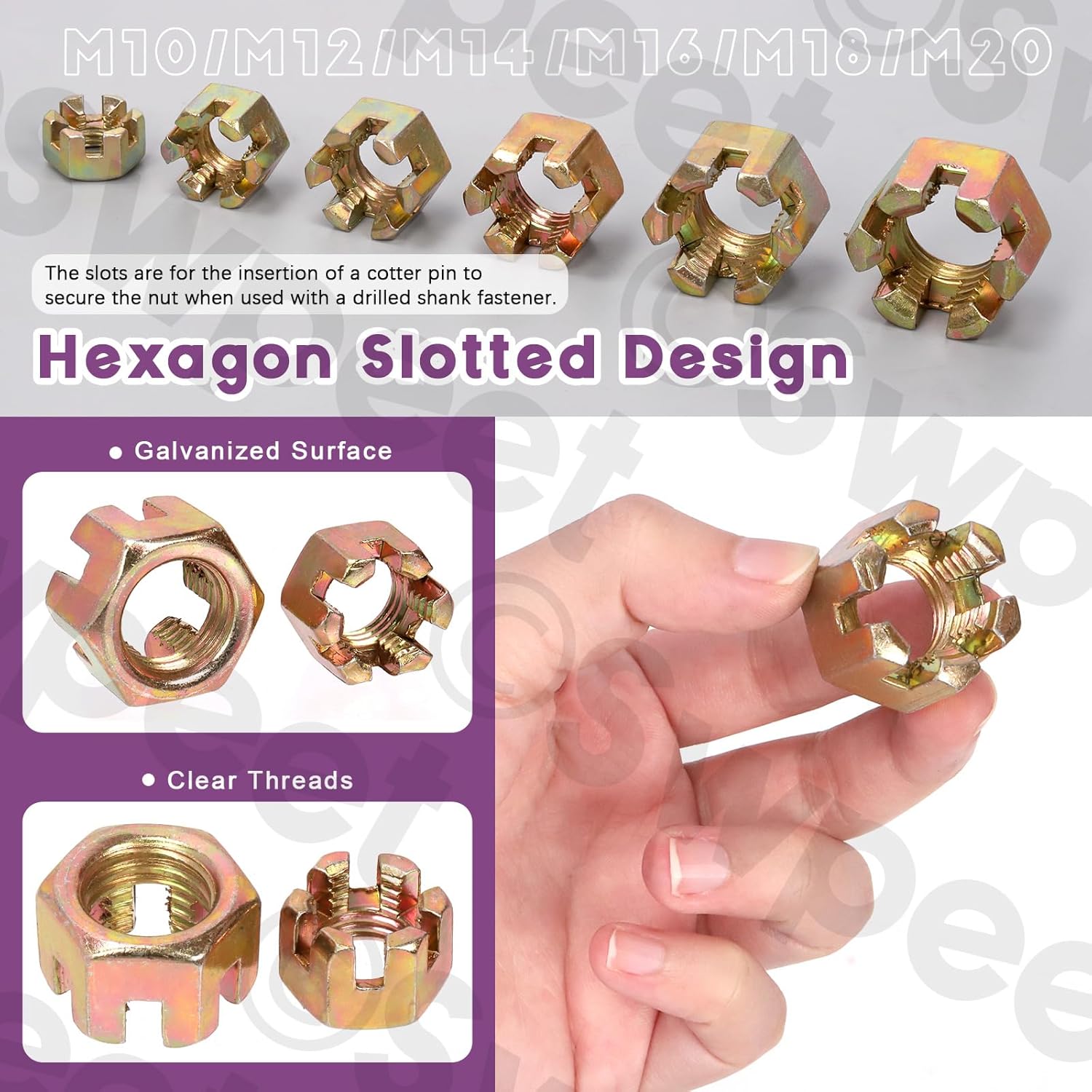 Swpeet 60Pcs 6 Sizes Black Grade 4.8 Carbon Steel M10 M12 M14 M16 M18 Hexagon Slotted Nuts Assortment Kit, Hex Castle Nuts Hex Nuts for Moto Car Furniture Fasteners Repair