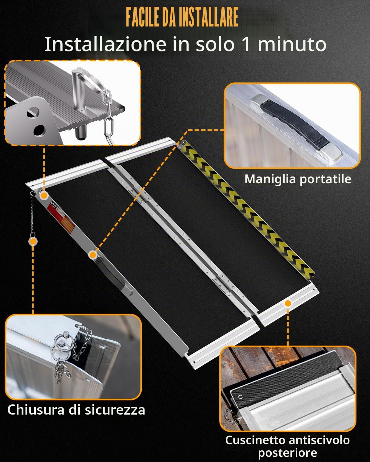 Rampa per Sedia a Rotelle 91CM, Capacità 363KG, Rampa Disabili Pieghevole Antiscivolo in Alluminio con Superficie in Carborundum per Gradini, Soglie, Cordoli, Scale e Auto