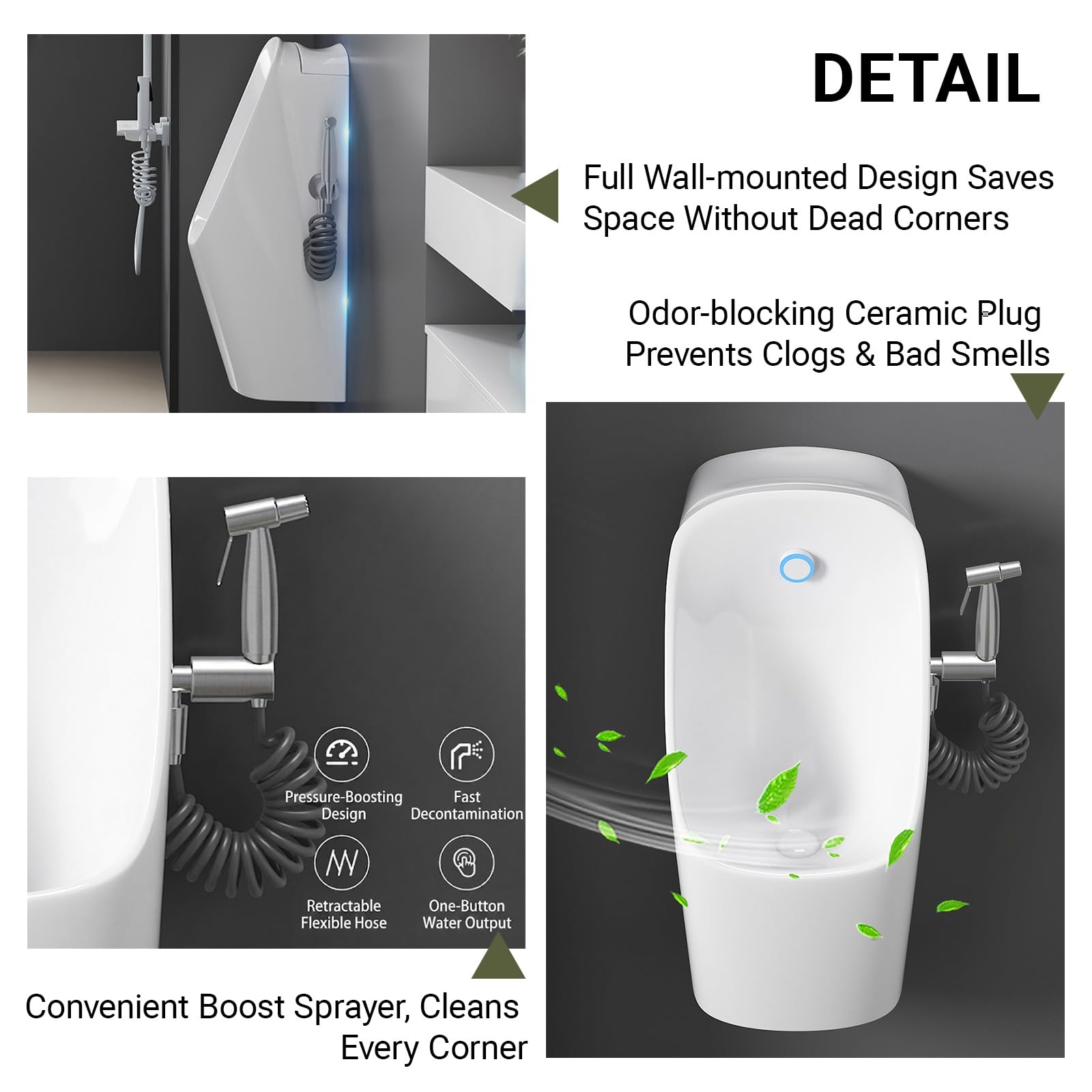 Urinario de Pared de Cerámica con Pistola, Sensor Descarga Doble Modo | Pistola de alta presión. Descarga automática. Tapón antiolor. Esmalte autolimpiable(Black,Sensor)