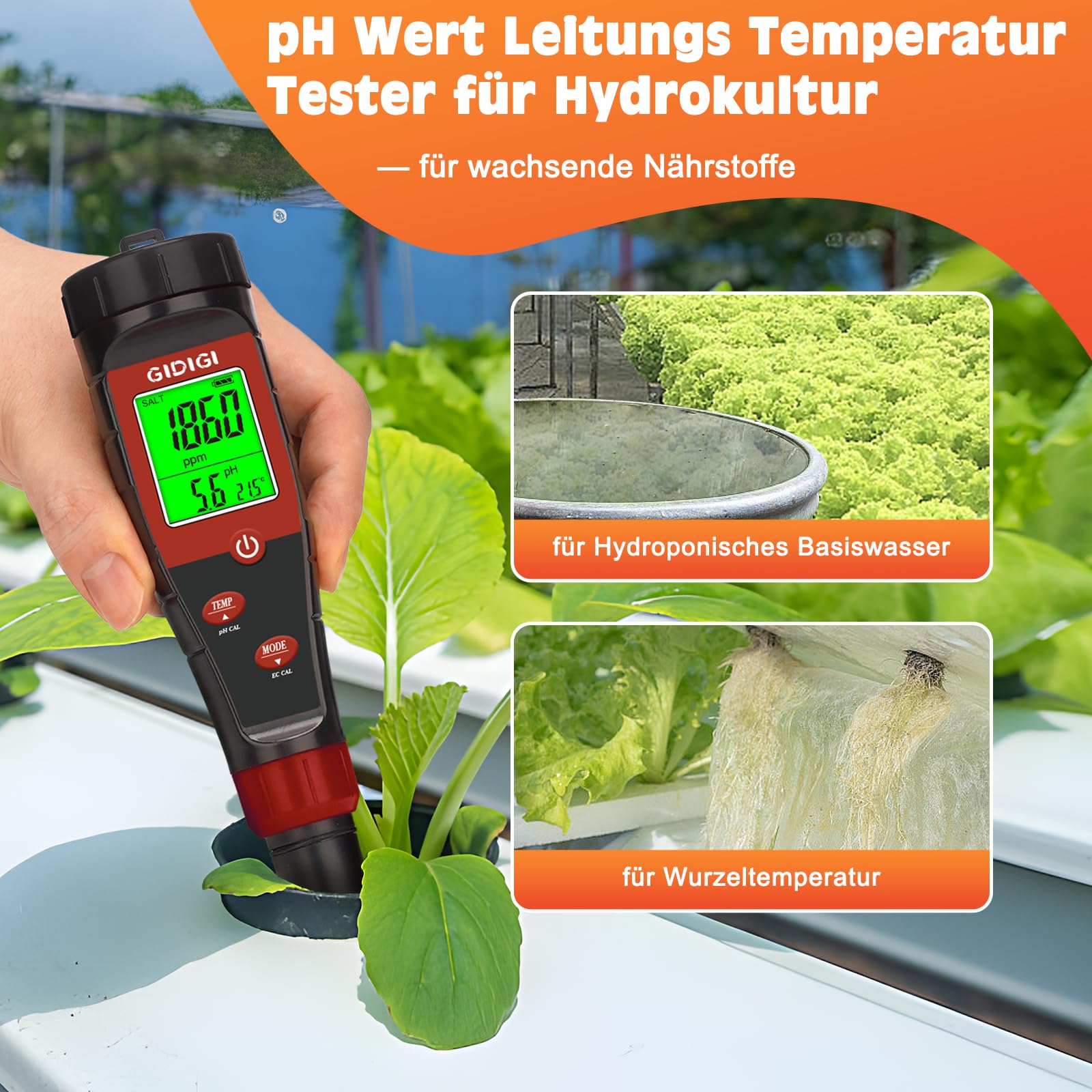 pH Messgerät für Hydrokulturwasser, Digitaler pH Tester für Wasser, TDS Tester EC PPM Test für Pflanzennährstoffe, 4-in-1 Messgerät für Leitfähigkeit, pH Stift für Trinkwasser, DWC, Zimmerpflanzen