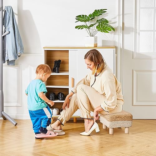 Miniatura 5 de Cpintltr Taburete otomano rectangular, reposapiés, otomano, reposapiés natural de algas marinas con patas de madera, taburete tejido a mano para