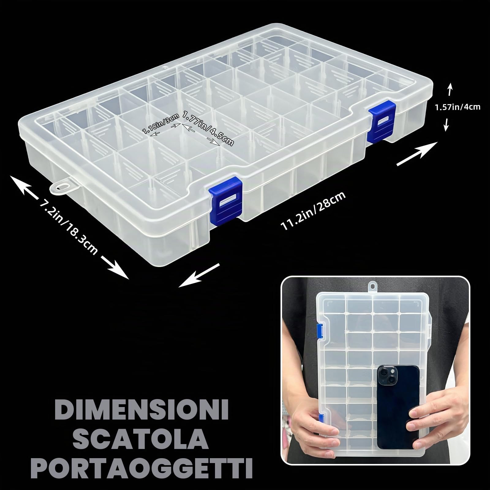 Qualsen Scatole Plastica con Coperchio, 34 Scomparti, Trasparente x 4 Pezzi | Scatola porta Oggetti Porta Minuteria con Divisori Regolabili, Trasparenti per Viti, Perline, Gioielli