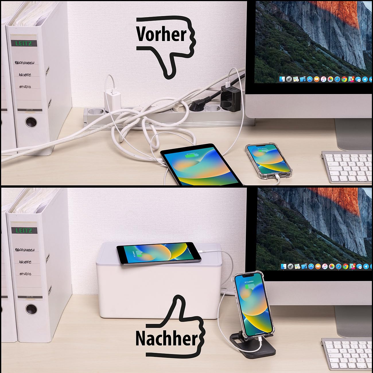 revolt Kabelbox: 2er-Set 5-fach Steckdosenl. mit Kabelb., 1x USB-A 20W 1x USB-C 20W (Kabelbox mit Steckdosenleiste, Steckerleiste mit Schalter, Kabel)