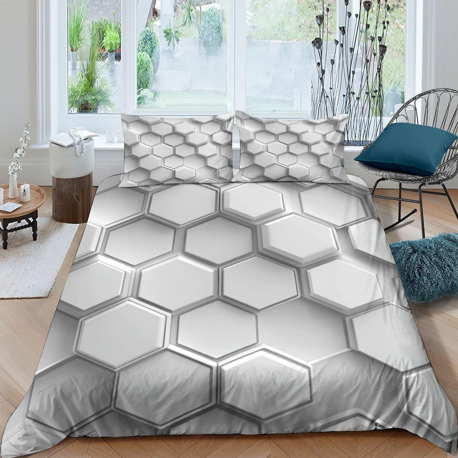 Ctjqhvkz Style-5 3D Printed Silver Hexagon Fitted Sheet Microfiber Anti-Slip Modern Geometric Bed Cover For Bedroom Guest Room Single（135X200cm）