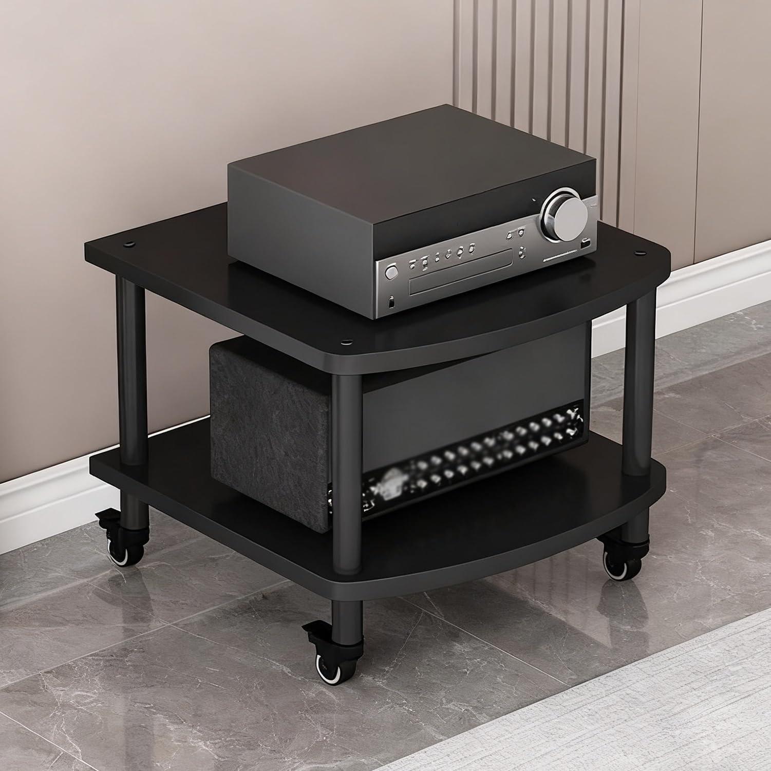 Soporte multimedia AV de 2 niveles con ruedas para almacenamiento de cine en casa y estudio