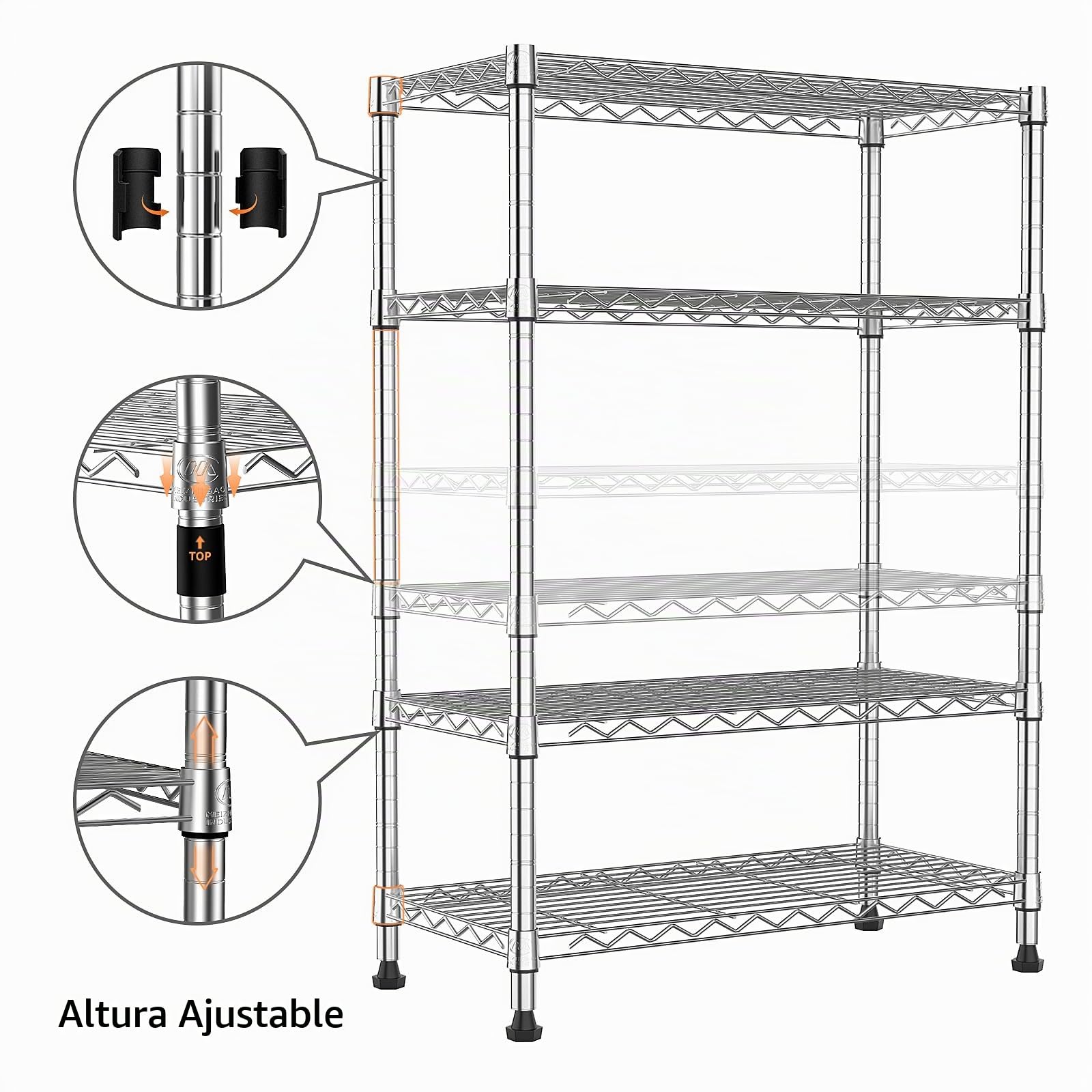 M MZG Estantería Metálica de 4 Niveles, Capacidad de Carga de 454 kg, Baldas Ajustables, para Garaje, Trastero, Lavandería y Cocina,Estudio,Cromado, 35 x 75 x 120 cm