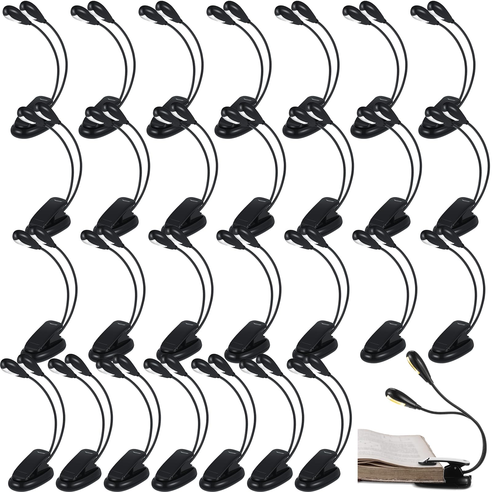 Rossesay 28 Stück Notenständer-Lichter, Bulk-Clip-on-LED-Lichter, USB- und AAA-Batteriebetriebene Helligkeit, Dual-Arm-Clip-Lampe, wiederaufladbar für Augenschutz, Bücherwürmer, Orchesterleser