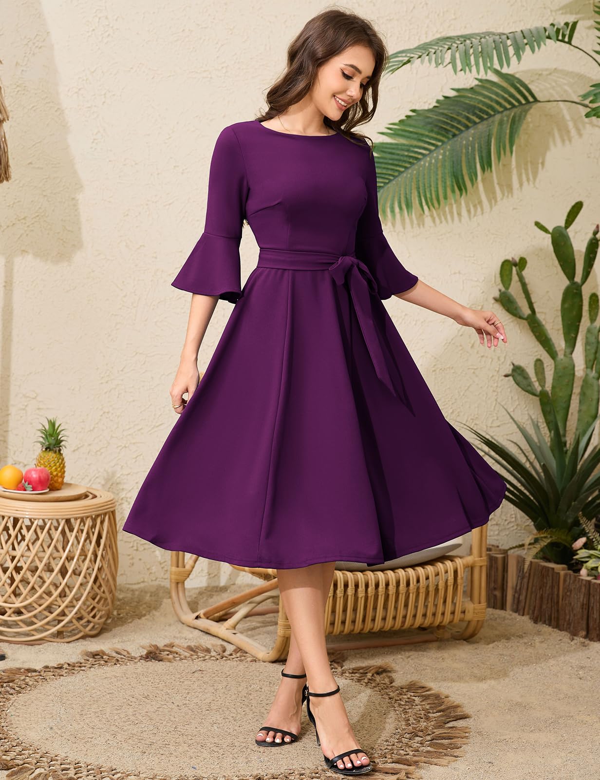 HomRain Elegante vestido de fiesta de cóctel con mangas acampanadas para invitada de boda, ajuste y acampanado, modesto, vestido de noche para iglesia