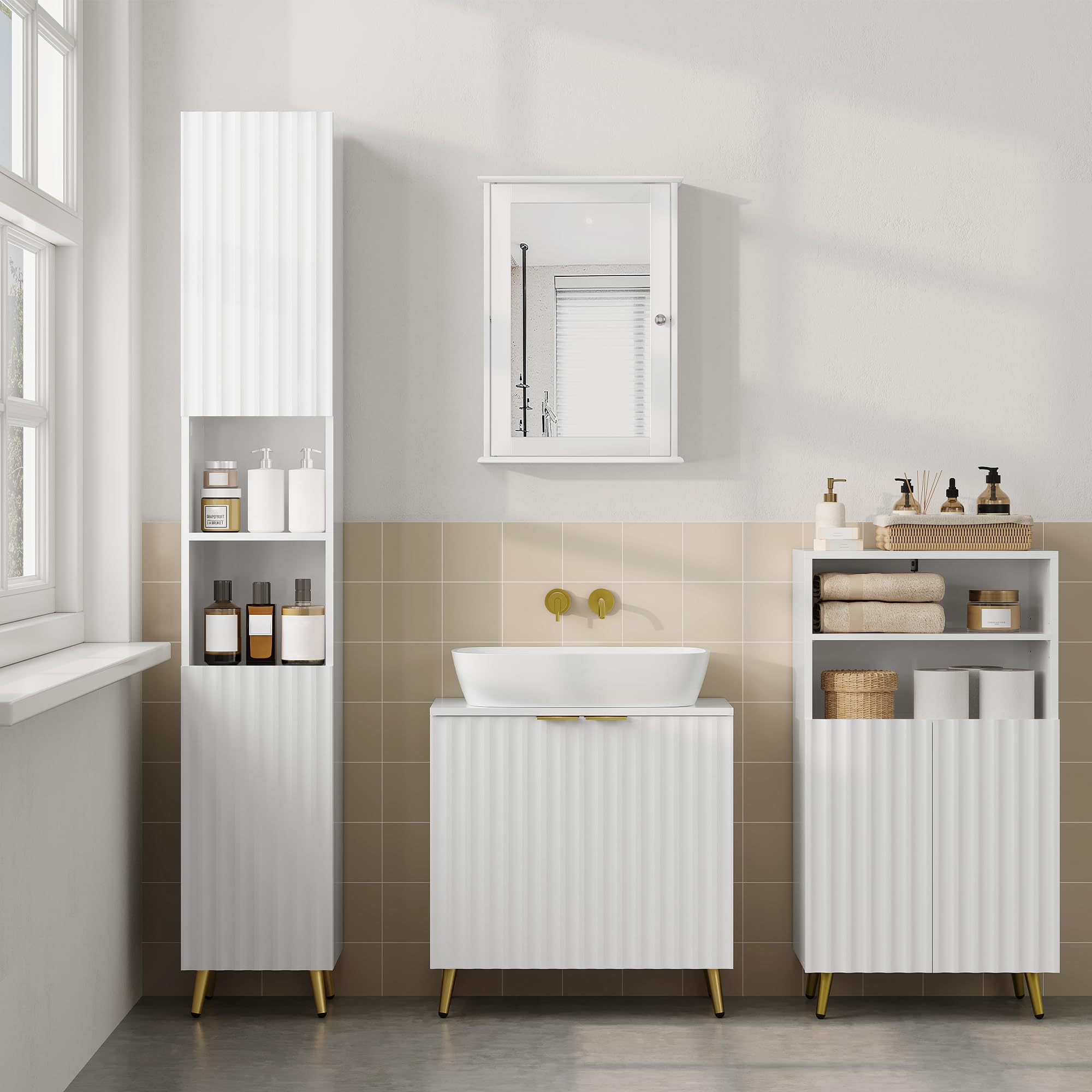 eSituro Armario de Baño con 2 Estantes Abiertos, Estantes Ajustables, Puertas Onduladas, 50x31x93cm
