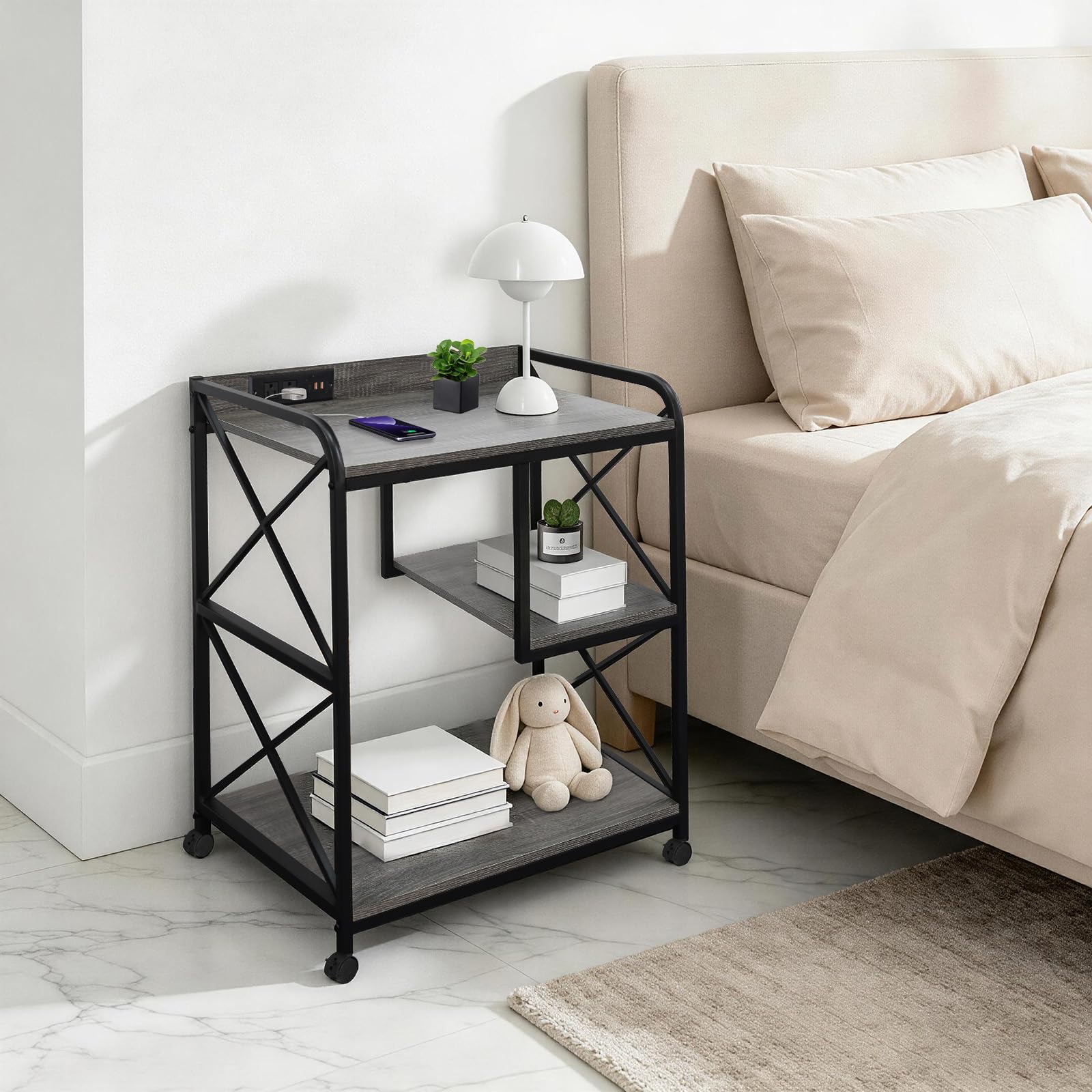 Druckerständer mit Aufbewahrungsregal, Großer Druckertisch mit Rollen für Home Office, 23 x 18 Zoll Druckerregal mit Steckdose USB-Anschluss, Computerturm-Ständer, Grau