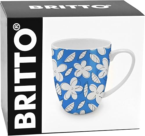 Miniatura 5 de Britto Romero - Taza de café de porcelana de hueso, 16.8 onzas, flores azules, diseño floral