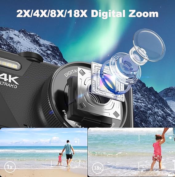 4K Digital Camera, 64MP High Resolution Digital Camera with 3” Flip Screen, WQV Small Vlogging Camera for YouTube, Photography and Video, 18X Digital Zoom, TF Card, for Gift (Black)