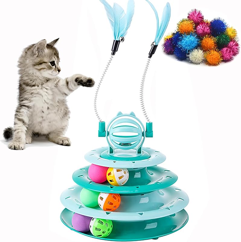 Brinquedo Interativo para Gatos com Torre Giratória de 4 Níveis Vealind e 14 Bolas Pom Pom (Verde)