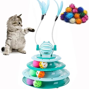 Vealind Cat Toy Roller 4-Level Turntable Cat Toys Balls with 14 Pcs Colorful Pom Pom Balls Interactive Fun Mental Physical Exercise Puzzle Kitten Toys Green