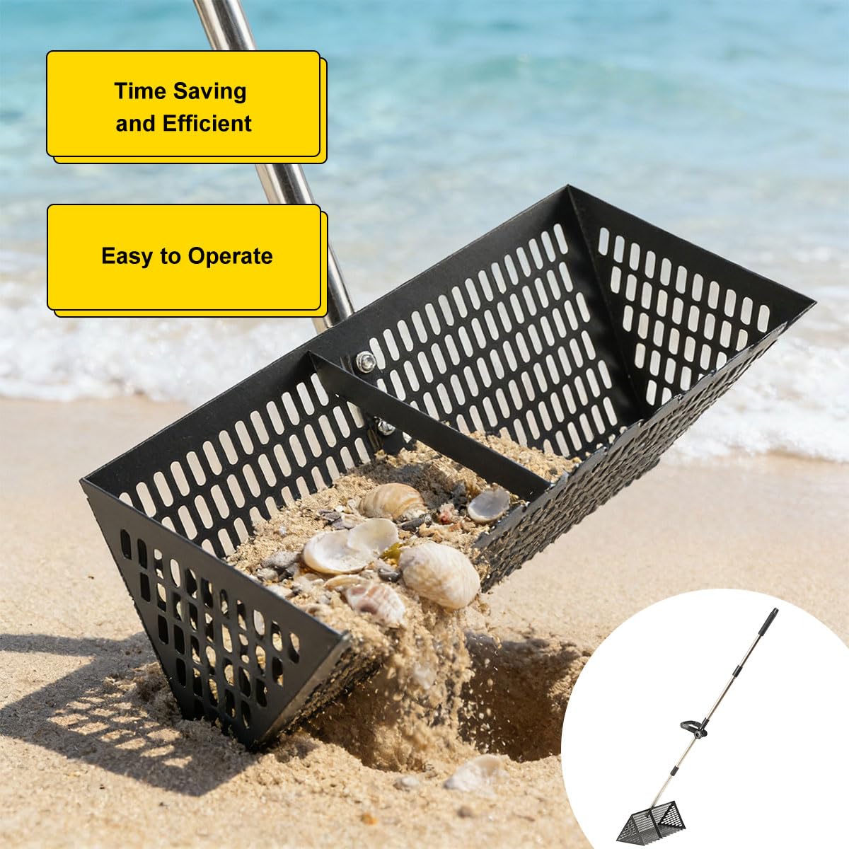 Râteau de plage,Râteau à puces de sable, pelle à sable de plage en acier inoxydable avec large panier, râteau à long manche détachable pour peigner la plage, tamiser le sable et chasse au, Noir