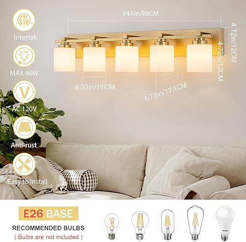 Miniatura 45 de 3 lámparas modernas de baño sobre el espejo, luces de tocador de oro negro para apliques de pared de baño con pantallas de vidrio blanco lechoso