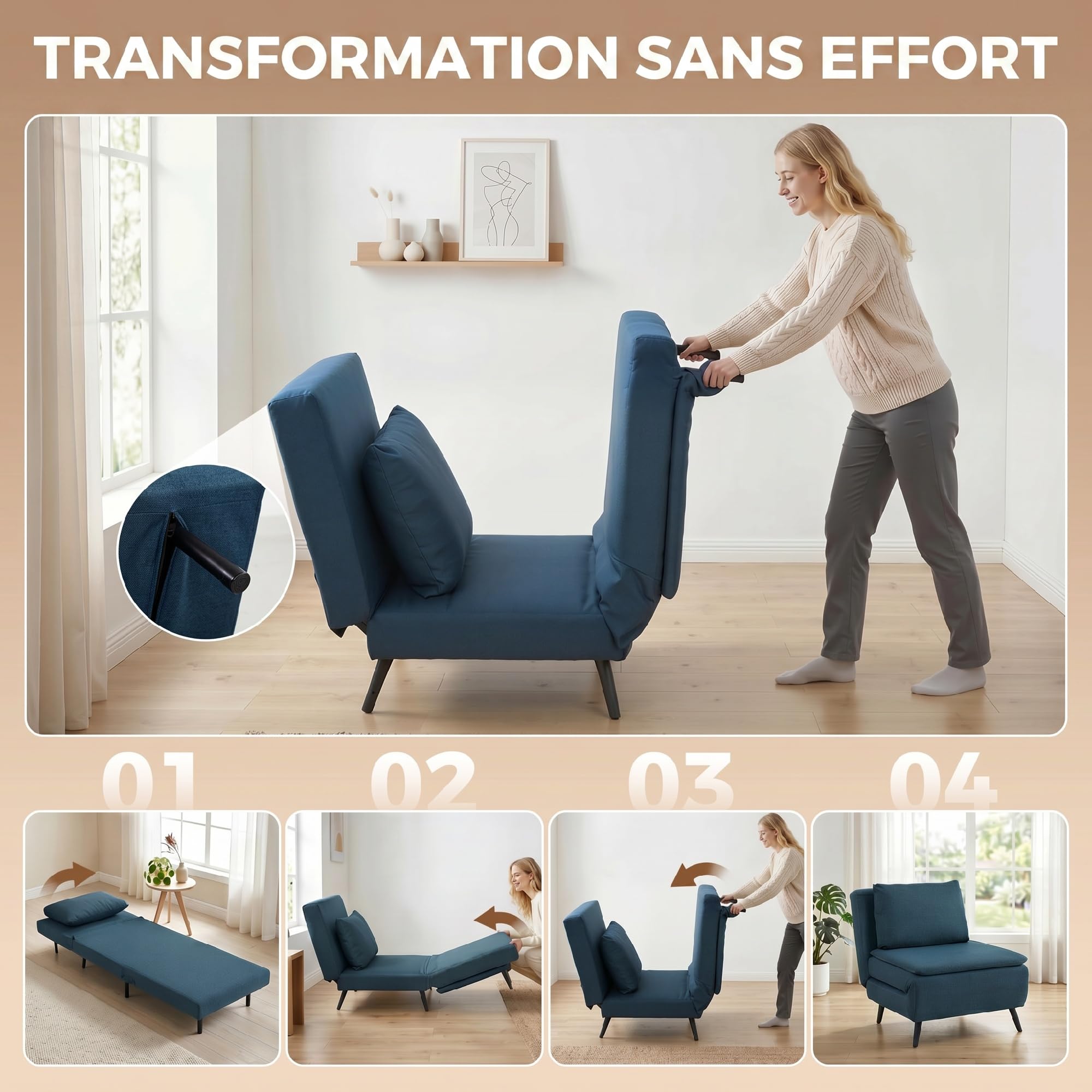 HOMCOM Fauteuil Convertible 1 Place 3 en 1 Oreiller 75 x 188 cm Bleu