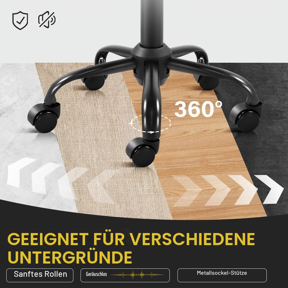 WKWKER Rollhocker mit Rädern Drehhocker mit höhenverstellbarer Rückenlehne PU-Leder-Rollhocker, ideal für SPA-Salon, Home-Office-Zeichenarbeiten (Schwarz)