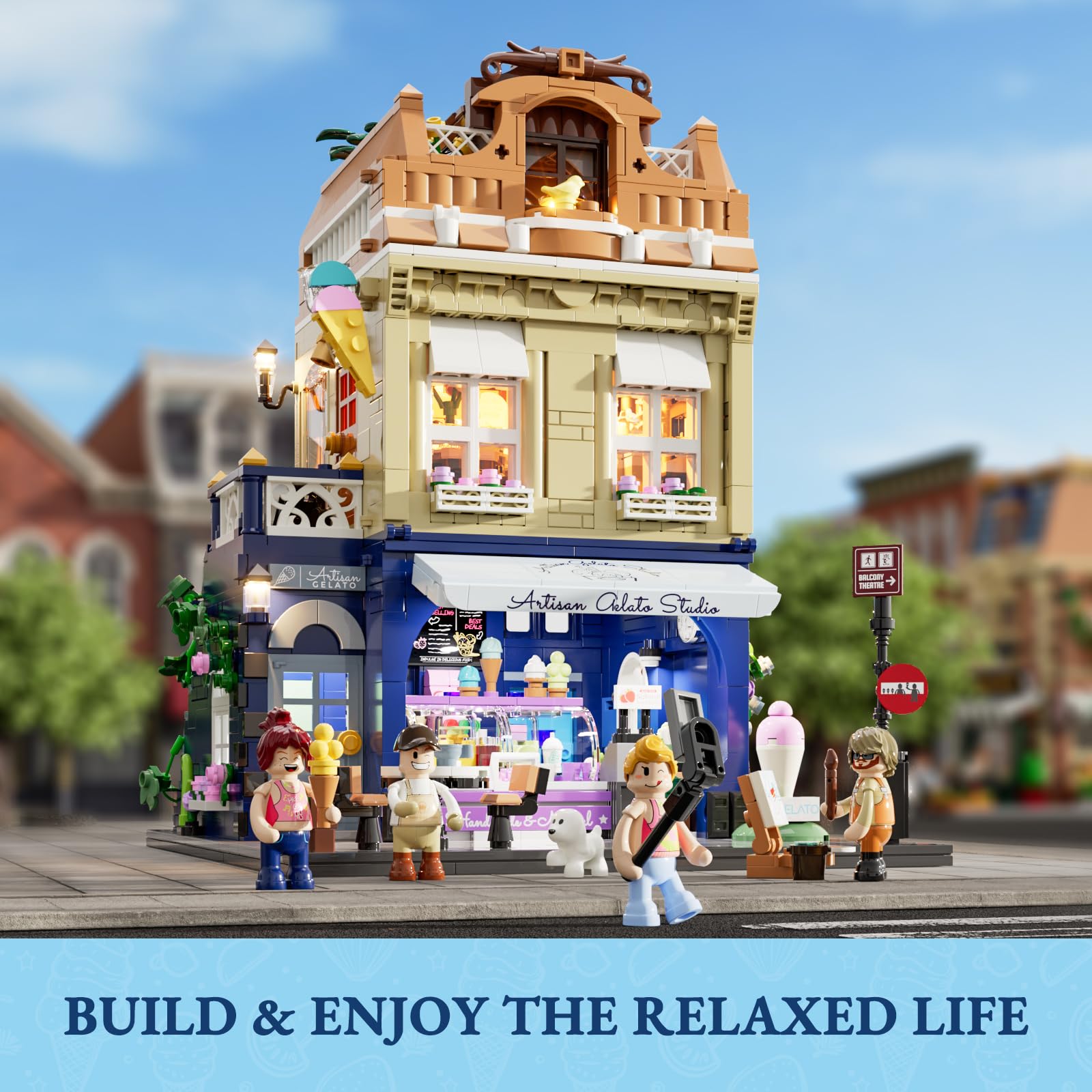 LUMIBRICKS Gelateria zestaw klocków zaciskowych z oświetleniem LED, 1948 elementów, europejska modułowa kamienica dla dorosłych, 3-poziomowy model lodziarnisty do kolekcjonowania i wystawiania