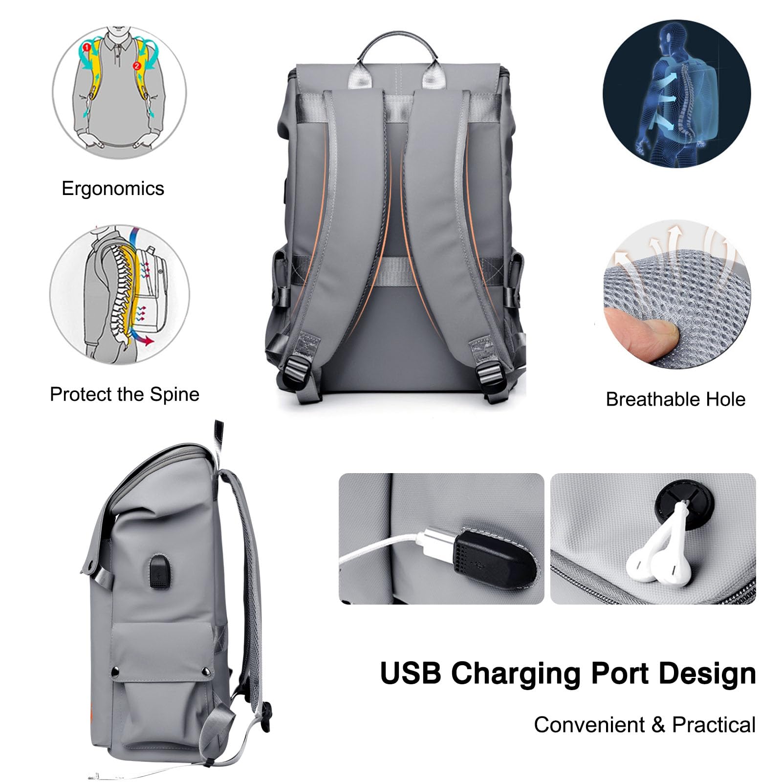 FANDARE Mochila para Laptop Mochila de Viaje de Negocios con Bloqueo de Puerto de Carga USB & Cinturón Reflectante Mochila Trabajo Mochilas para portátiles netbooks Mochilas Tipo Casual Blanco Negro
