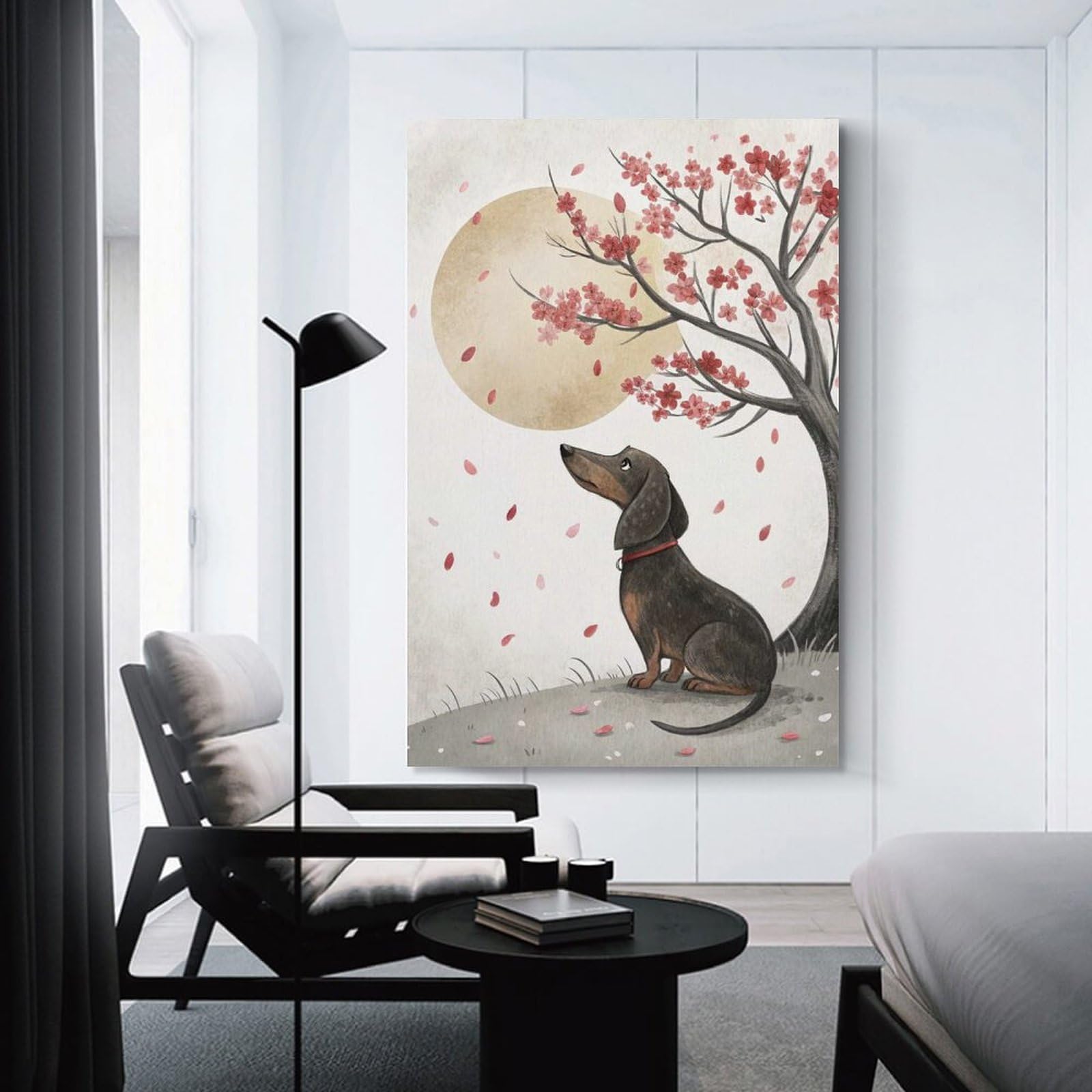 Junmoney Wall Picture Print Dachshund Under Cherry Blossoms, 24x36inch(60x90cm), for Living Room, Lounge Or Sitting Room, Modern Wall Decor for Cosy Interiors