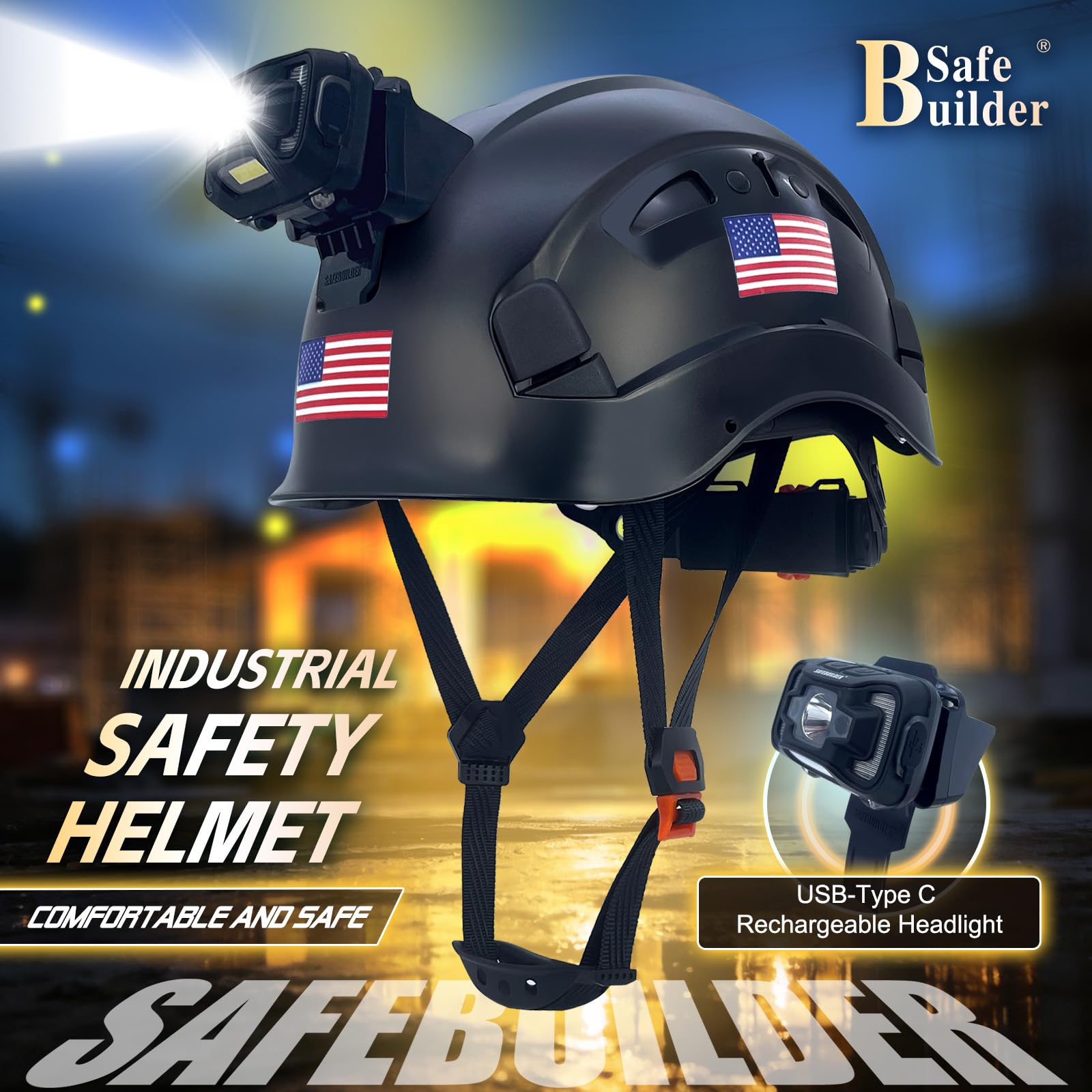 SAFEBUILDER Casco de seguridad de construcción con faro, casco duro, ventilación ajustable, protección de cabeza de trabajo, certificado ANSI/ISEA Z89.1