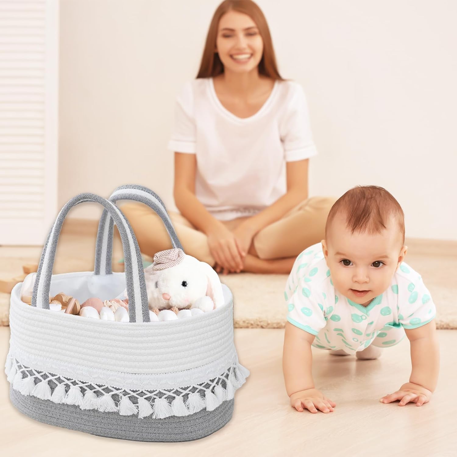 belupai Cotton Rope Woven Storage Basket, Baby Diaper Caddy Organizers Boho Portable Tote Bag with Detachable Compartments Macrame Storage Basket Tassel Travel Bag for Home