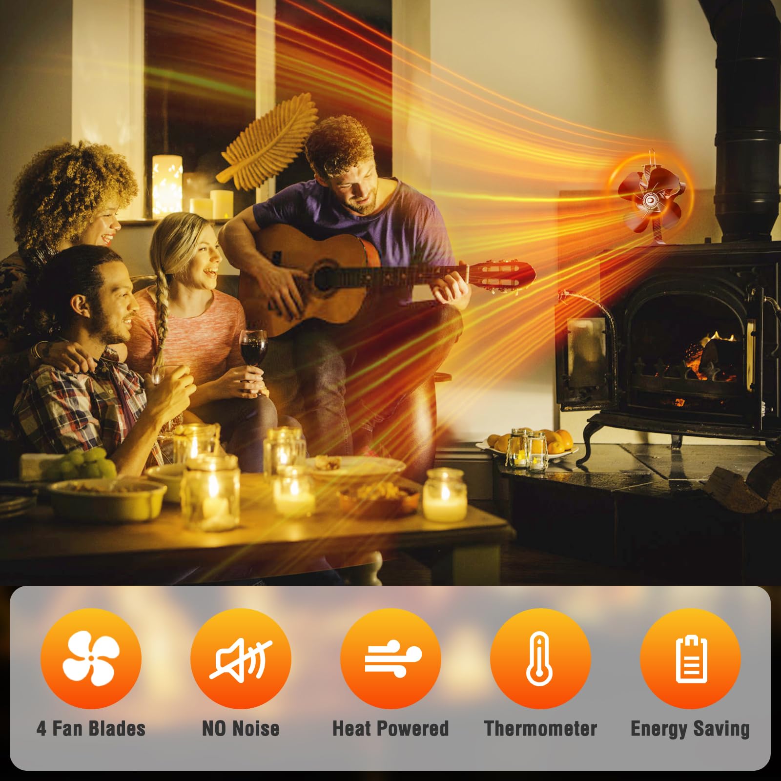 Ventilador-de-Chimenea-Ventilador-de-estufa,Silencioso Alimentado Ventiladores chimeneas,Energía Térmica,Distribución Eficiente del Calor,para Estufa de Leña,Estufas de Pellets (4 hojas)
