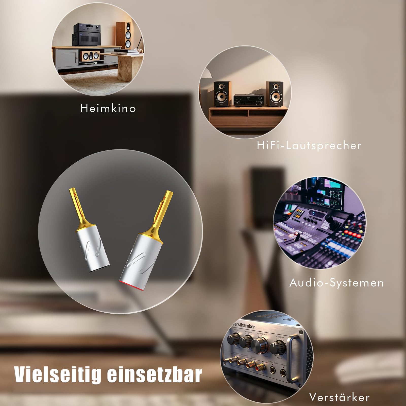 Monosaudio B801G Lautsprecher Bananenstecker, 6mm/10AWG, 4 Stück | 99,998% Reines Kupfer, Vergoldet, Doppel-Schraubverriegelung, Mit Inbusschlüssel