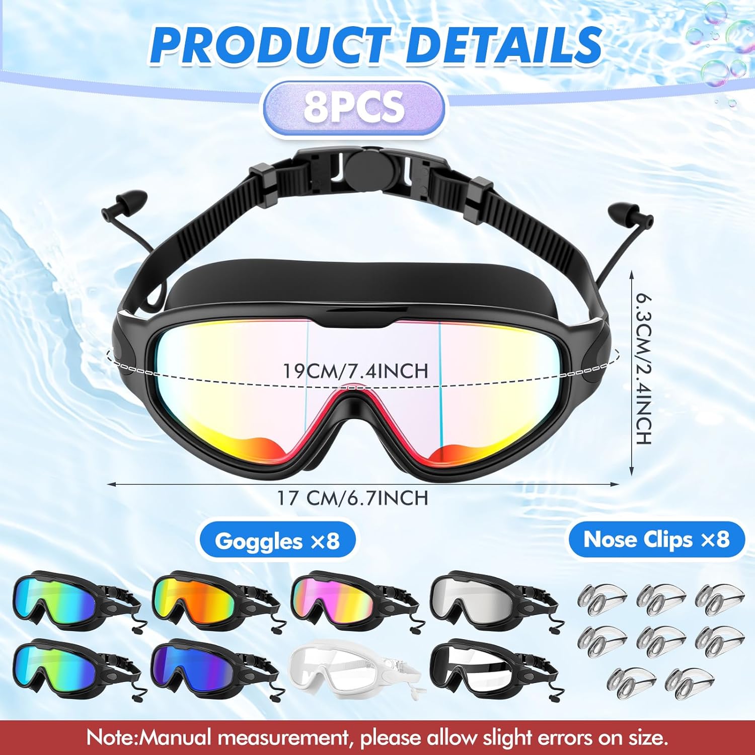 8 Pcs Swimming Goggles for Adult Wide View No Leaking Anti Fog Pool Goggles with Earplugs Nose Clips for Men Women