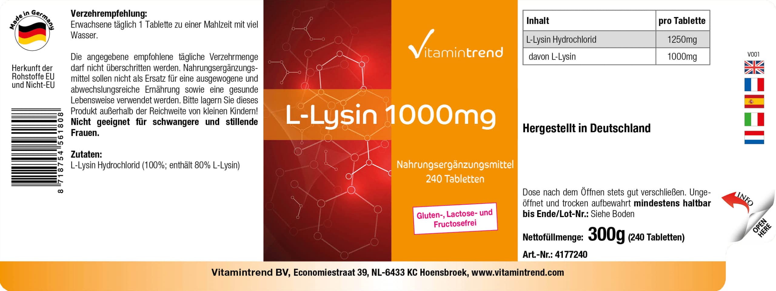 Vitamintrend L-Lysin 1000mg, 240 Tabletten, hochdosiert, Nahrungsergänzungsmittel vegan ohne Magnesiumstearat, in Deutschland hergestellt