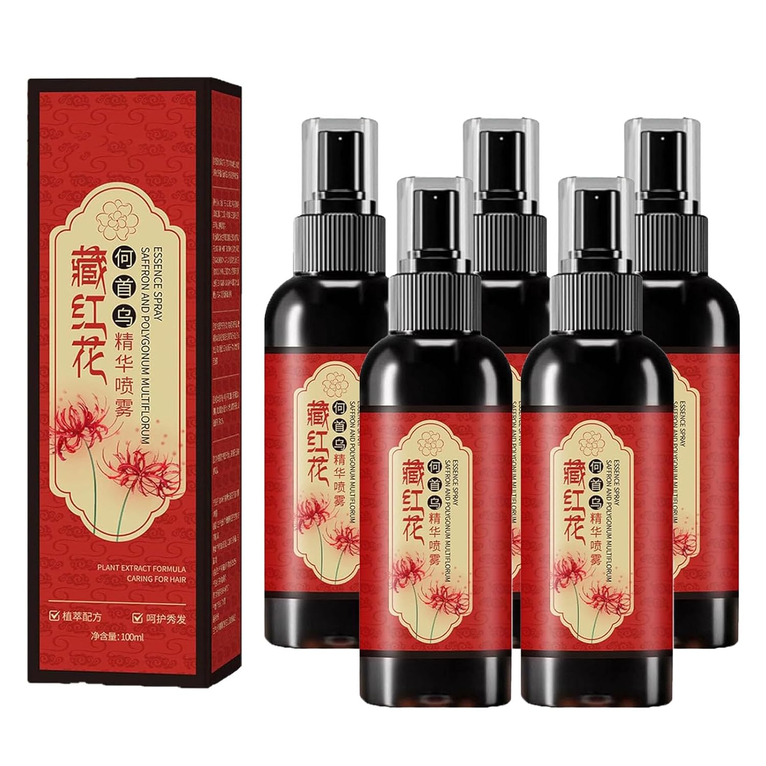 Saffron Essence Spray, Saffron And Polygonum Multiflorum Essence Spray, Anti-Lost Strengthen Hair Root, Non-Frizzy, Prevent Gray Hair (5pcs)